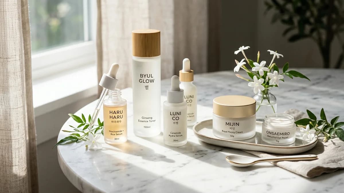 Produtos de K-beauty e skincare coreano da YesStyle dispostos sobre uma mesa clara.