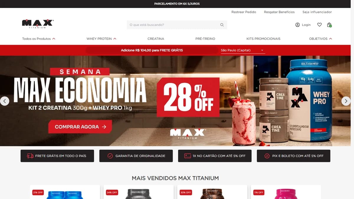 Página inicial do site maxtitanium.com.br em 14/10/2026, com a campanha Semana Max Economia