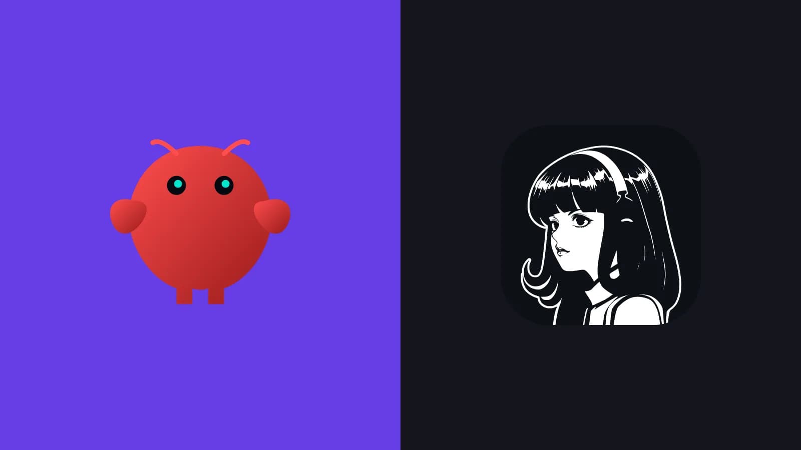 Rotes OpenClaw-Maskottchen auf violettem Hintergrund links und das Symbol des Hermes Agent, eine Schwarz-Weiß-Zeichnung eines Mädchens, auf dunklem Hintergrund rechts