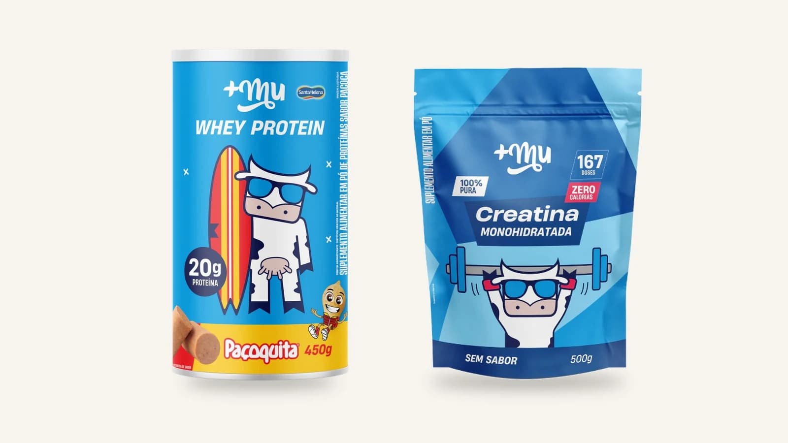 Whey Protein paçoquita pote 450 g e Creatina 100% Pura sem sabor refil 500 g da Mais Mu, os dois produtos do teste do cupom