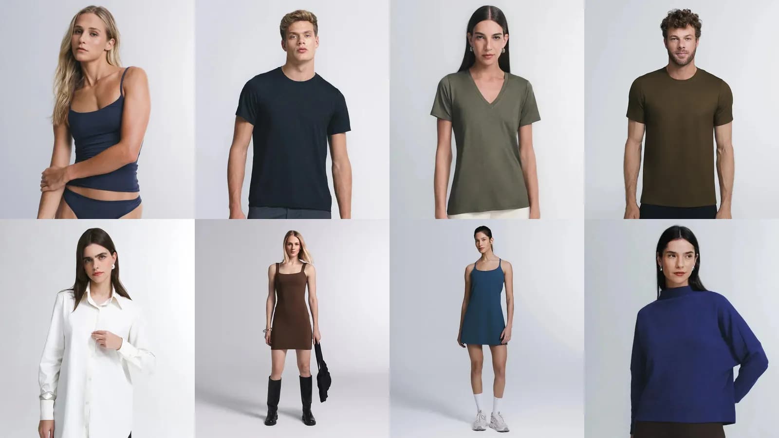 Colagem com oito peças da seleção Insider: The Perfect Top, Tech T-Shirt, Tech T-Shirt Gola V, Core T-Shirt, Camisa Oversized FutureForm, Tube Dress, Vestido Rush e Casaco Wingsuit