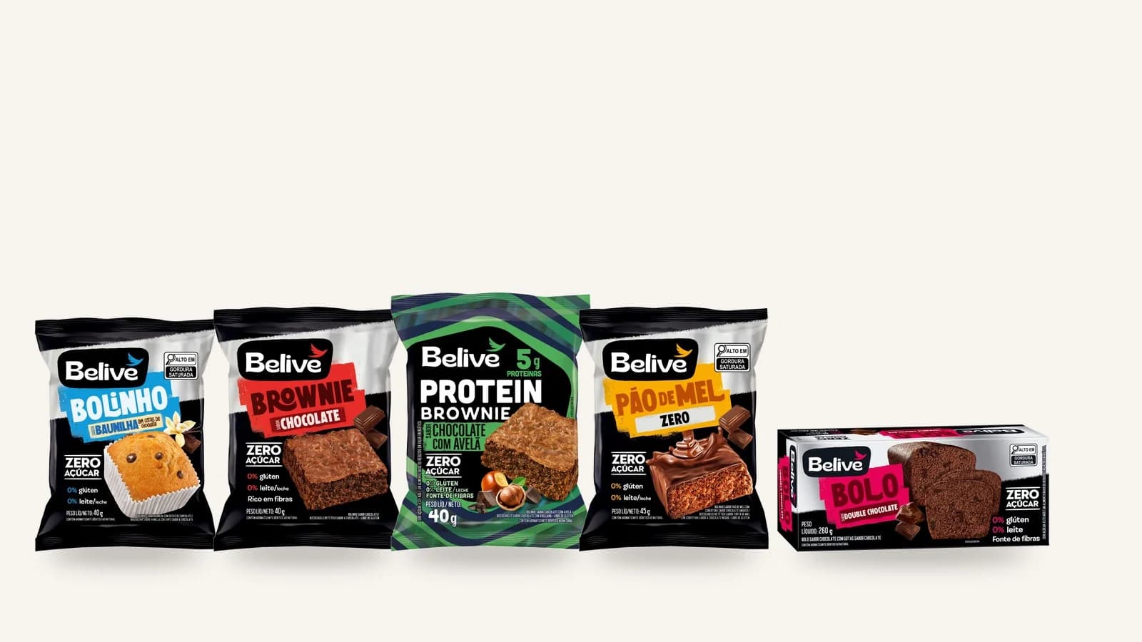 Embalagens de cinco doces sem açúcar da Belive: bolinho de baunilha, brownie de chocolate, brownie proteico de chocolate com avelã, pão de mel e bolo de chocolate