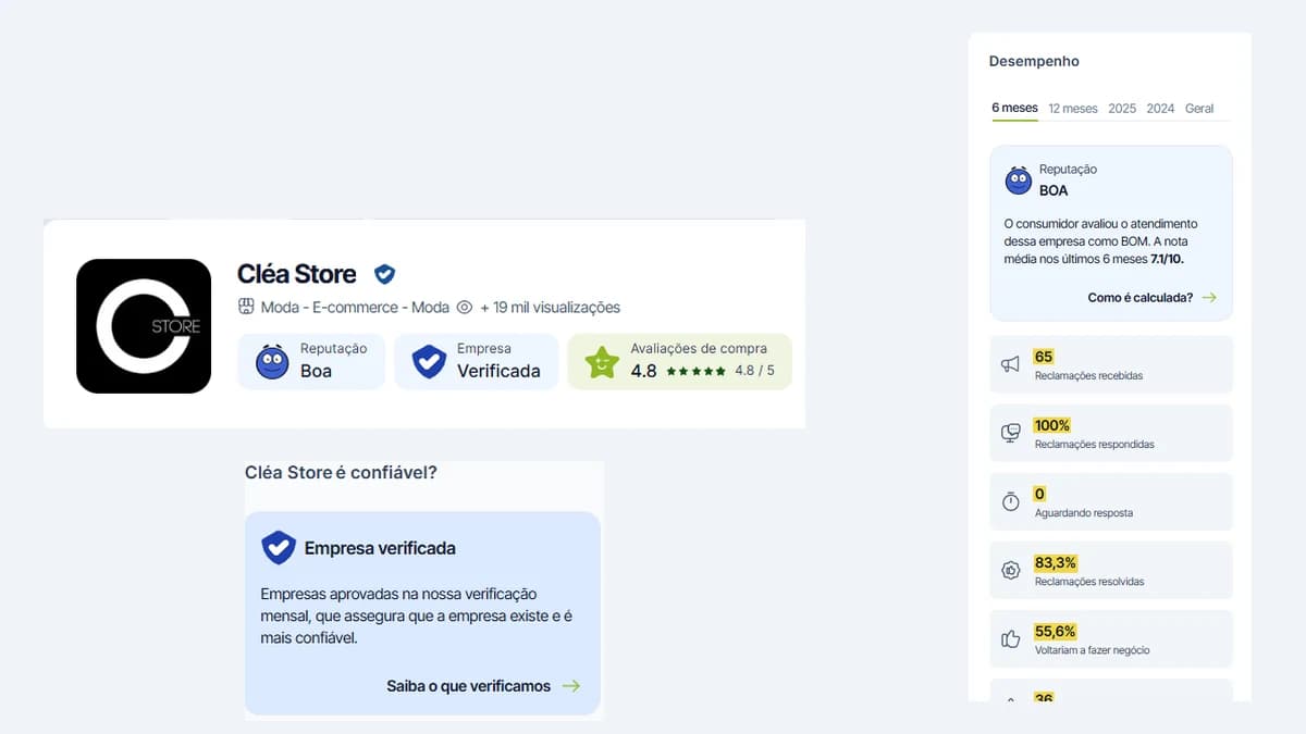 Perfil da Cléa Store no Reclame Aqui em 14/10/2026: topo com reputação Boa, Empresa Verificada e avaliações de compra 4,8, ao lado da aba de 6 meses