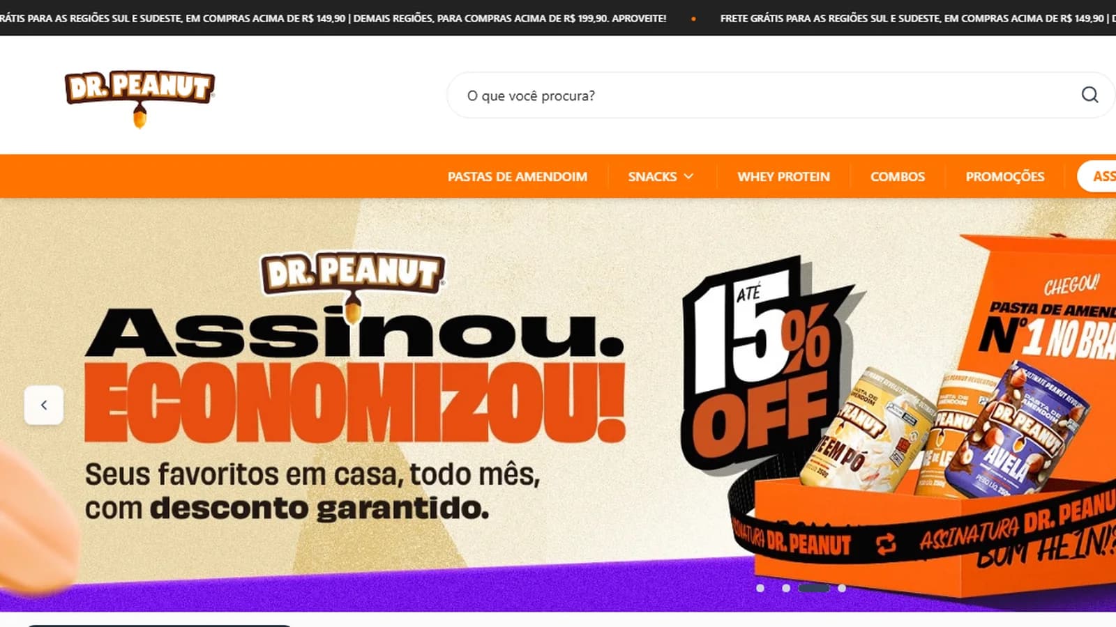 Página inicial do site da Dr. Peanut em 14/10/2026, com o banner da assinatura Assinou, economizou! e até 15% OFF
