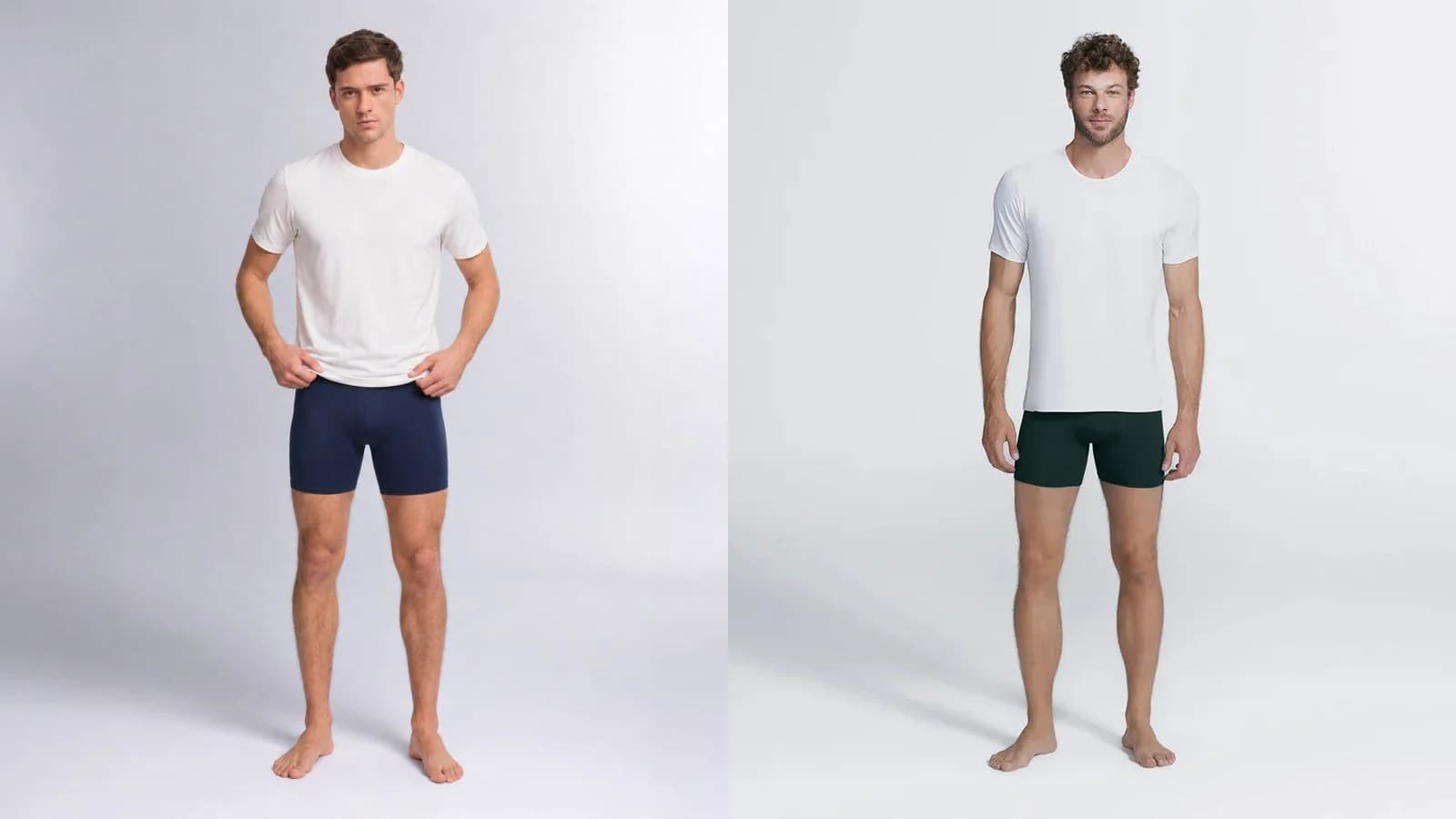 Modelos vestindo a cueca boxer Insider Performance azul e a Comfort verde, lado a lado