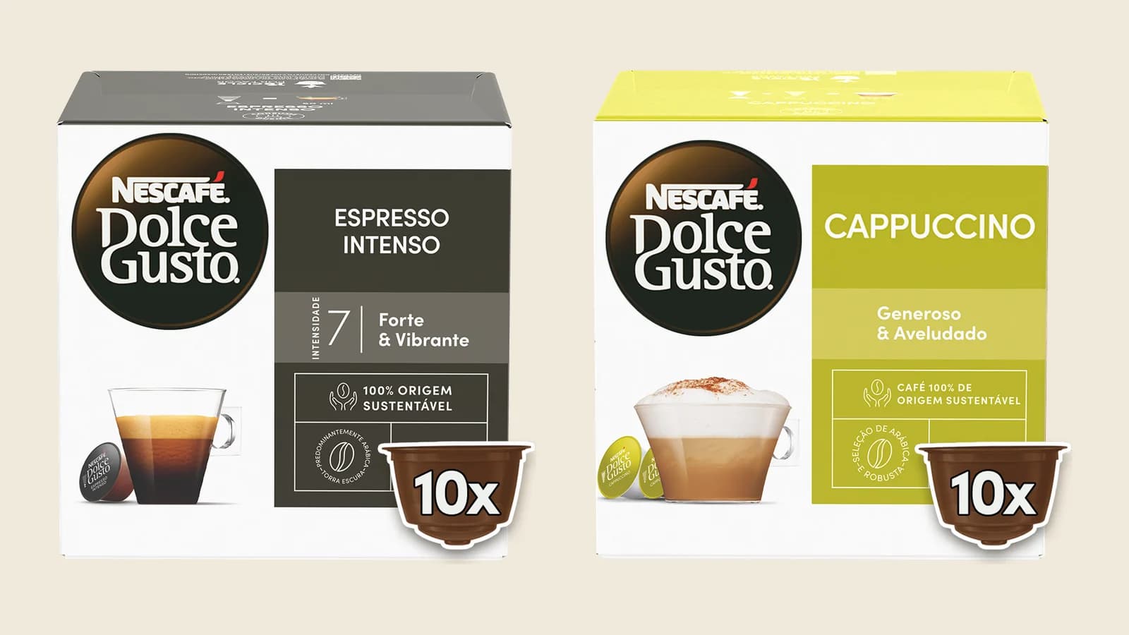 Caixas de cápsulas Dolce Gusto Espresso Intenso e Cappuccino lado a lado, cada uma com 10 cápsulas, em fotos oficiais da loja