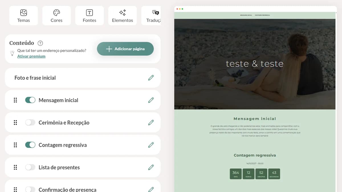 Painel da Lejour com o menu Personalizar site, Lista de presentes e Lista de convidados e a prévia do site do casal