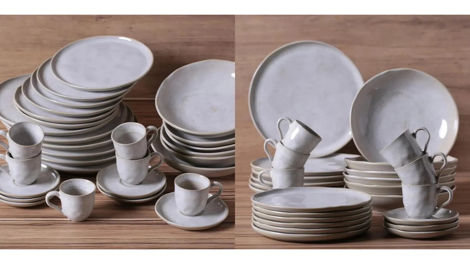 Aparelho de jantar Porto Brasil Stoneware Bio Latte em duas fotos de produto: pratos, tigelas e xícaras em tom claro