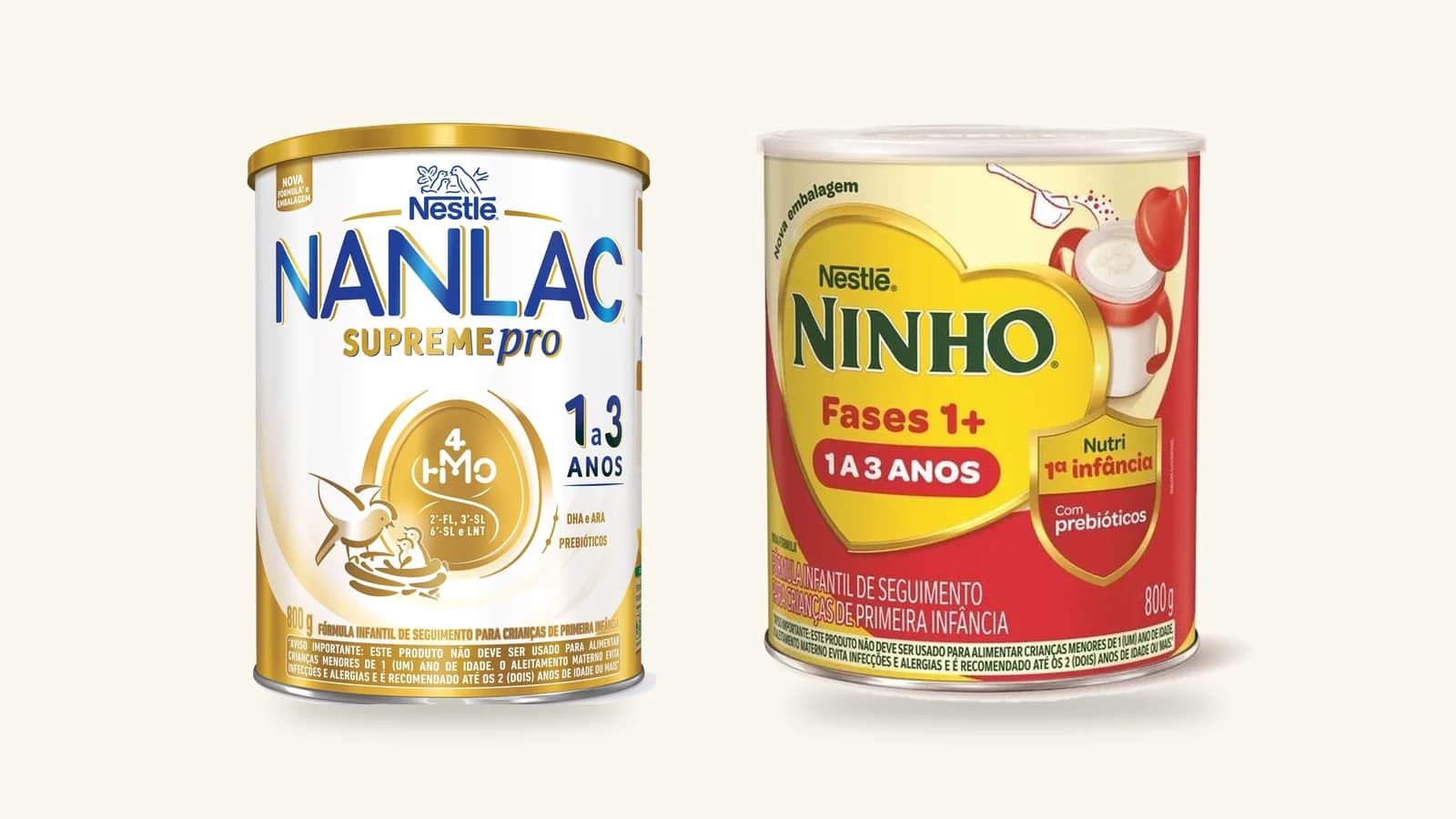 Lata de 800 g do Nanlac Supreme Pro ao lado da lata de 800 g do Ninho Fases 1+, fórmulas infantis de 1 a 3 anos