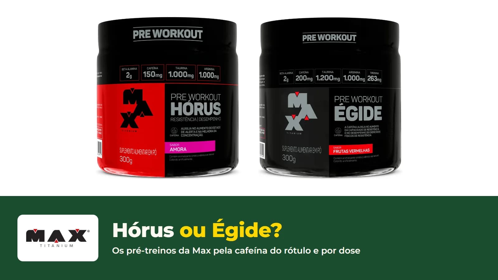 Potes dos pré-treinos Hórus e Égide da Max Titanium, com o logo da loja