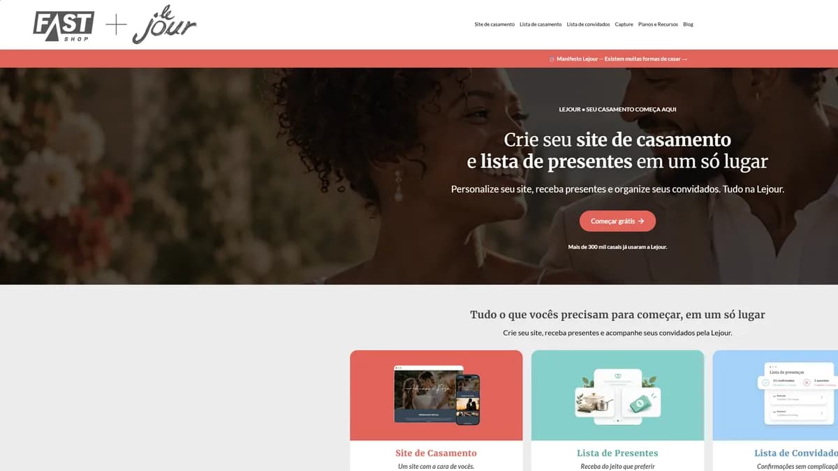 Página inicial de lejour.com.br com o logo Fast Shop + le jour no cabeçalho