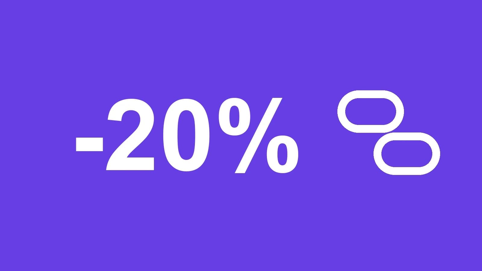 -20% 텍스트와 두 개의 사슬 고리, 보라색 배경 위에 흰색