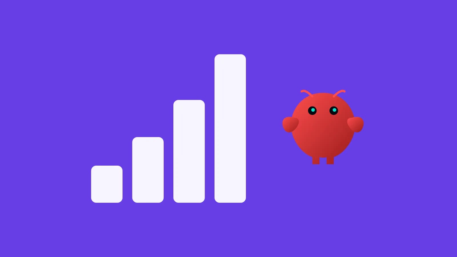 Barre bianche di dimensione crescente accanto alla mascotte rossa di OpenClaw, su sfondo viola