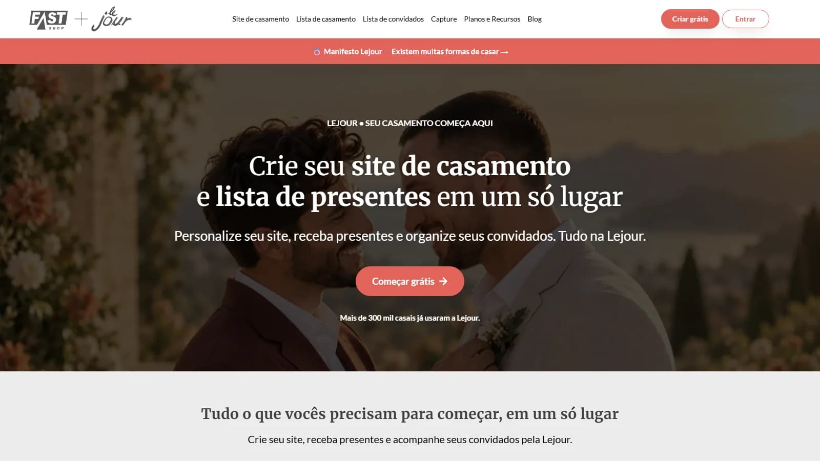 Página inicial do site da Lejour em 14/10/2026, com a chamada Crie seu site de casamento e lista de presentes em um só lugar e o logo da parceria Fast Shop + Lejour