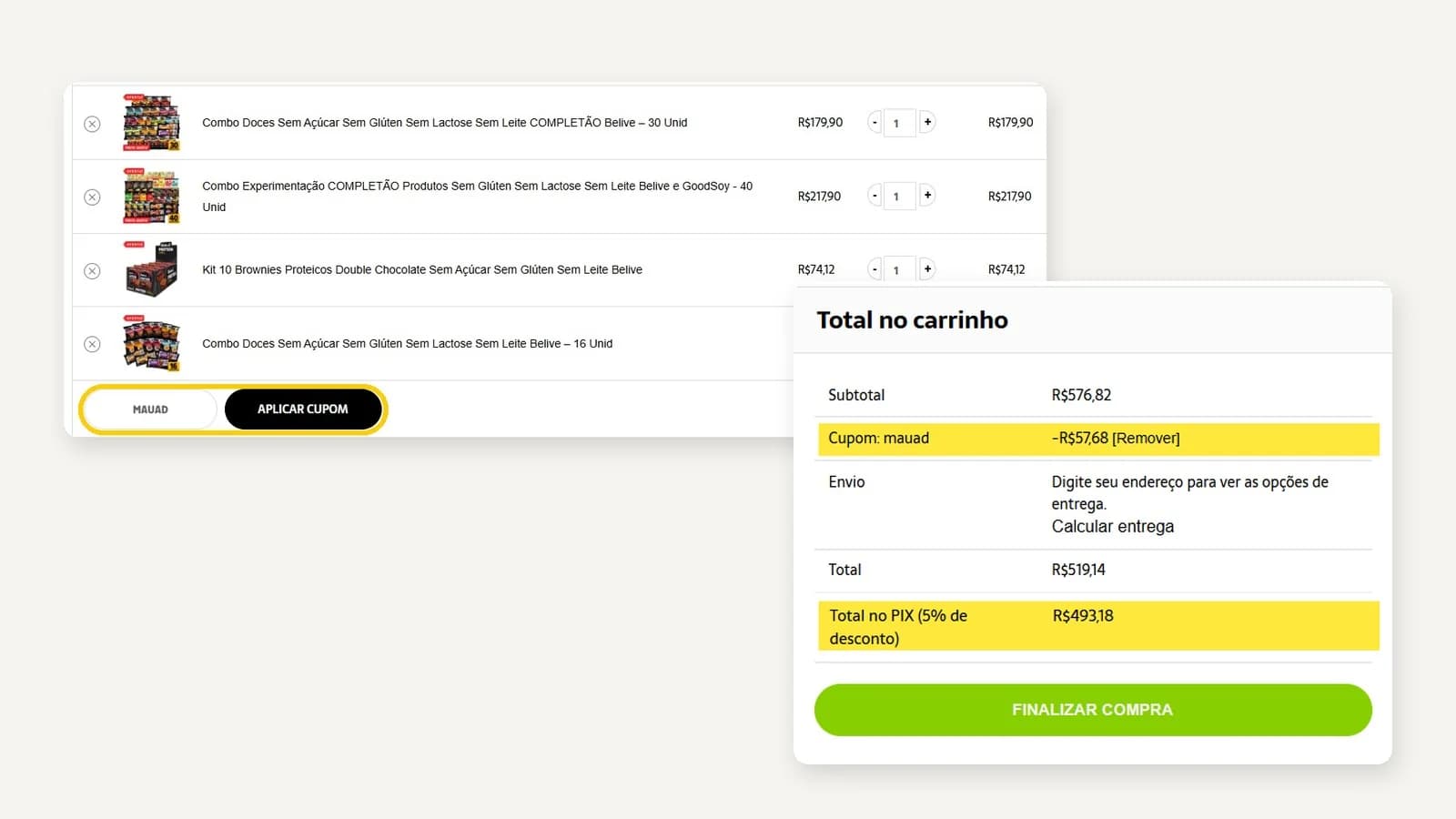 Carrinho da Belive com o código MAUAD aplicado, o desconto de R$ 57,68 e o total de R$ 519,14