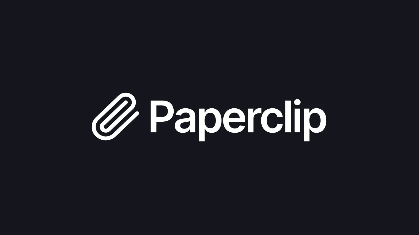 Logotipo oficial do Paperclip, um clipe e a palavra Paperclip, em branco sobre fundo escuro