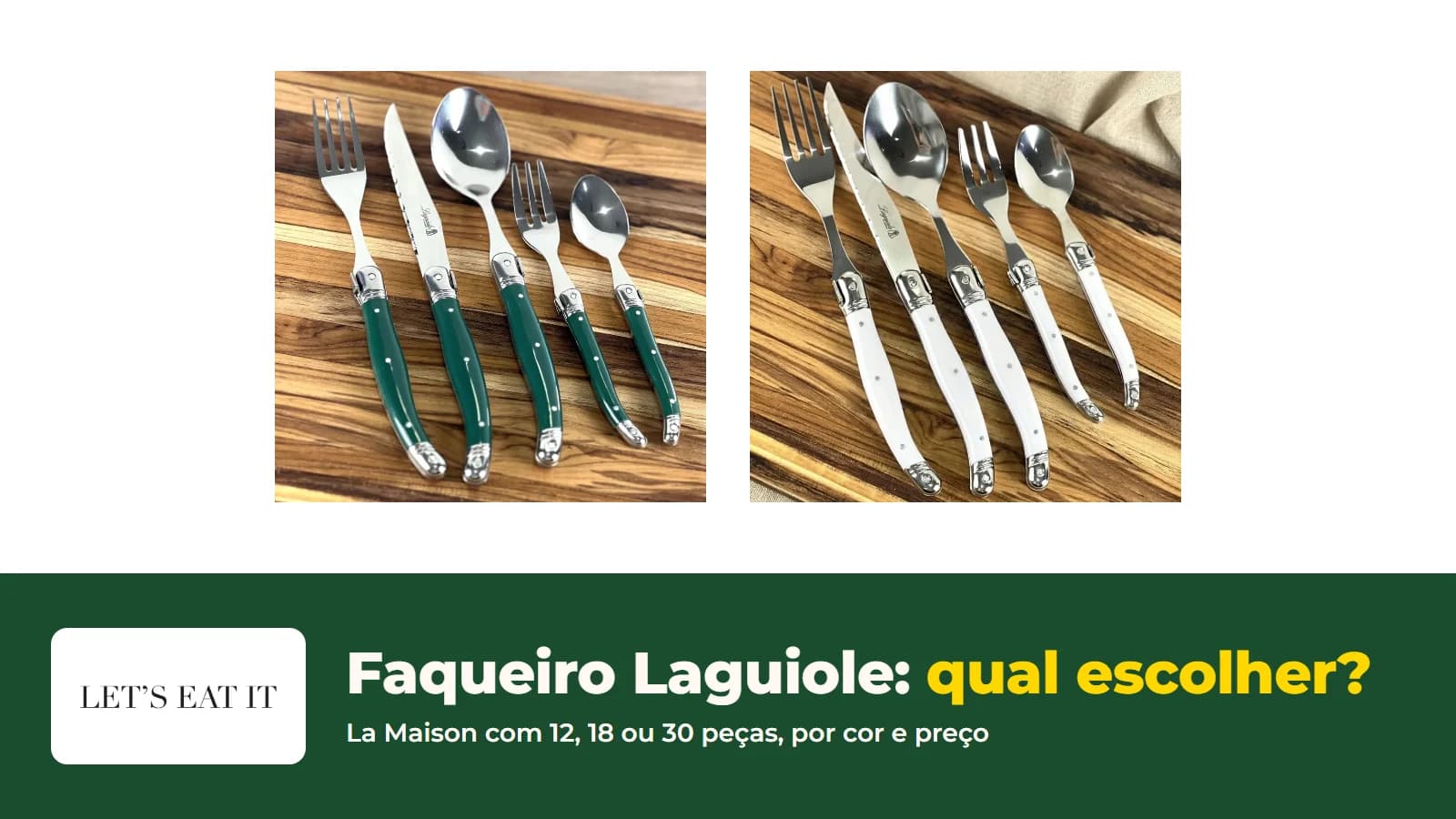 Talheres do faqueiro Laguiole La Maison Luxo, com faca, garfo, colher, garfo e colher de sobremesa de cabo colorido