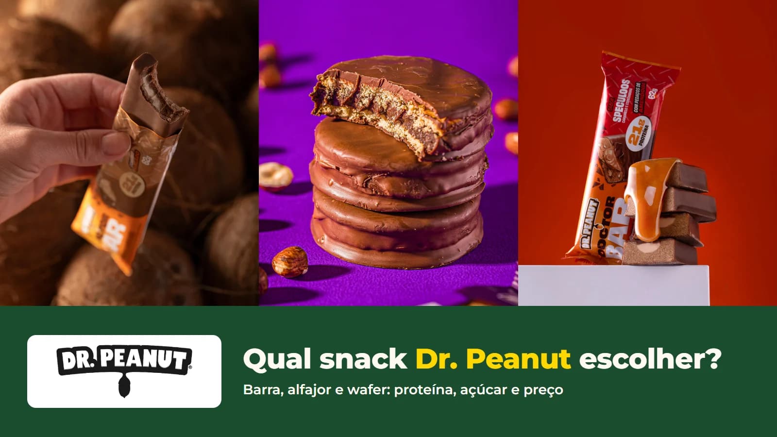Barra de chocolate com coco, alfajor de avelã e barra speculoos da Dr. Peanut, lado a lado.