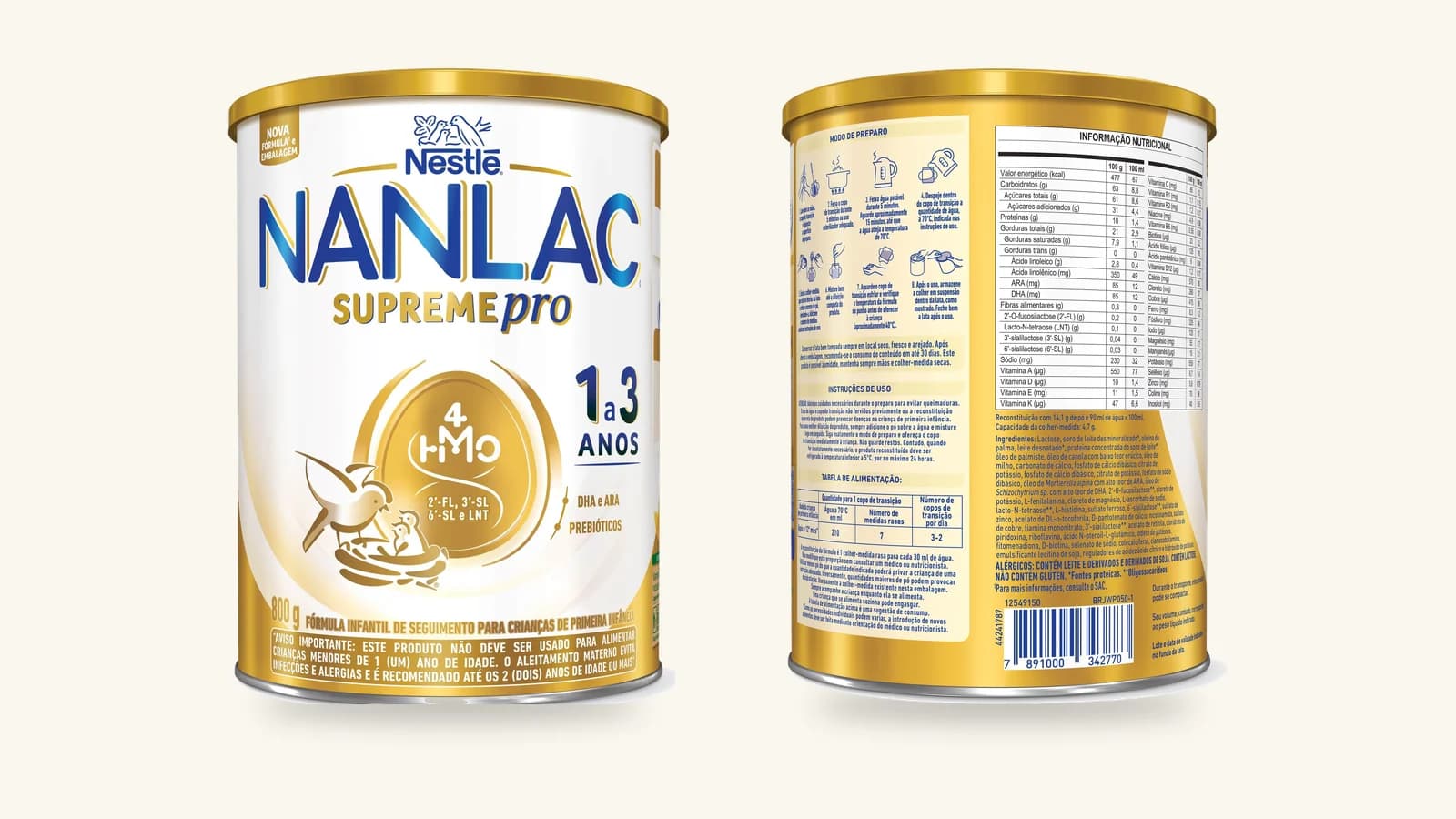 Frente e verso da lata de 800 g do Nanlac Supreme Pro, fórmula infantil de seguimento para crianças de 1 a 3 anos