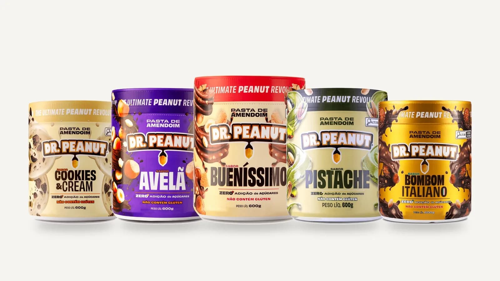 Potes de pasta de amendoim Dr. Peanut nos sabores Cookies & Cream, Avelã, Bueníssimo, Pistache e Bombom Italiano, em fotos oficiais da loja
