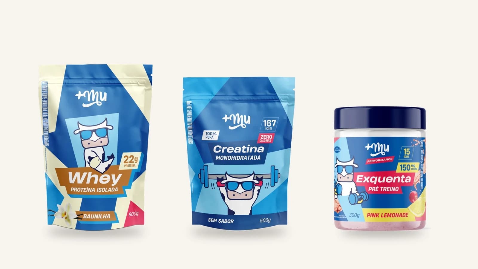 Produtos da Mais Mu: Whey Isolado baunilha refil 900 g, Creatina 100% Pura refil 500 g e pré-treino Exquenta pink lemonade 300 g