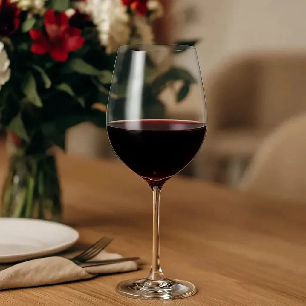 Taça de vinho tinto Bohemia Magnum servida numa mesa de Natal, com flores vermelhas ao fundo