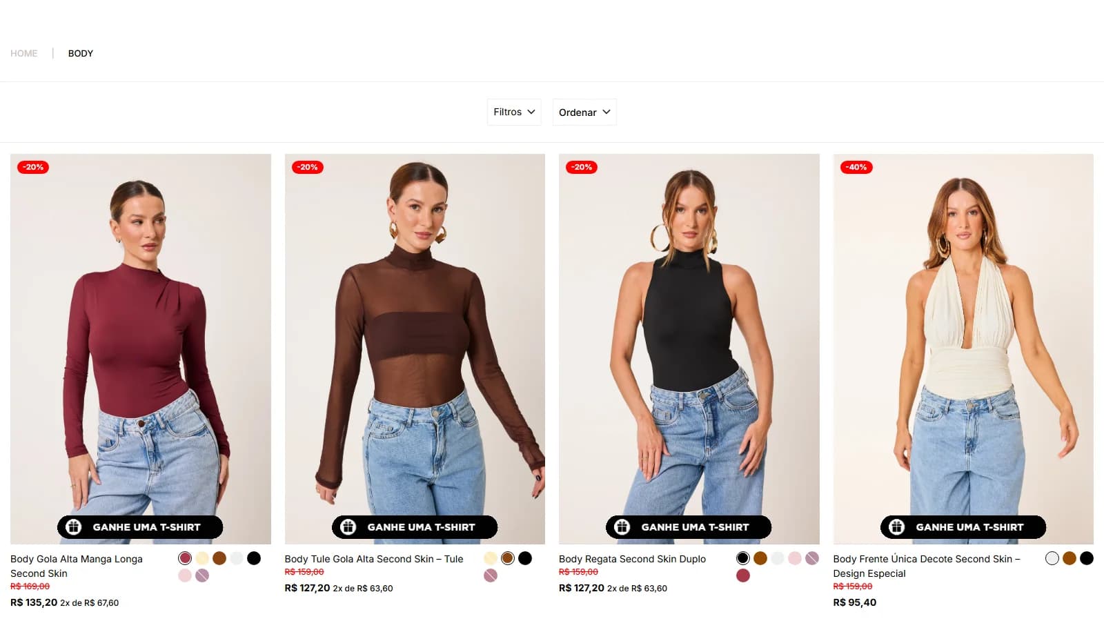 Categoria Body do site da Cléa Store em 14/10/2026, com o Body Gola Alta Manga Longa de R$ 169,00 por R$ 135,20 e os bodies Tule Gola Alta e Regata Second Skin Duplo de R$ 159,00 por R$ 127,20