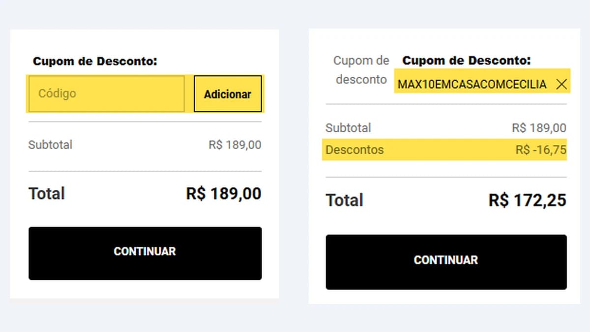 Montagem do carrinho da Max Titanium: o campo Cupom de Desconto vazio e, ao lado, o código MAX10EMCASACOMCECILIA aplicado com a linha Descontos