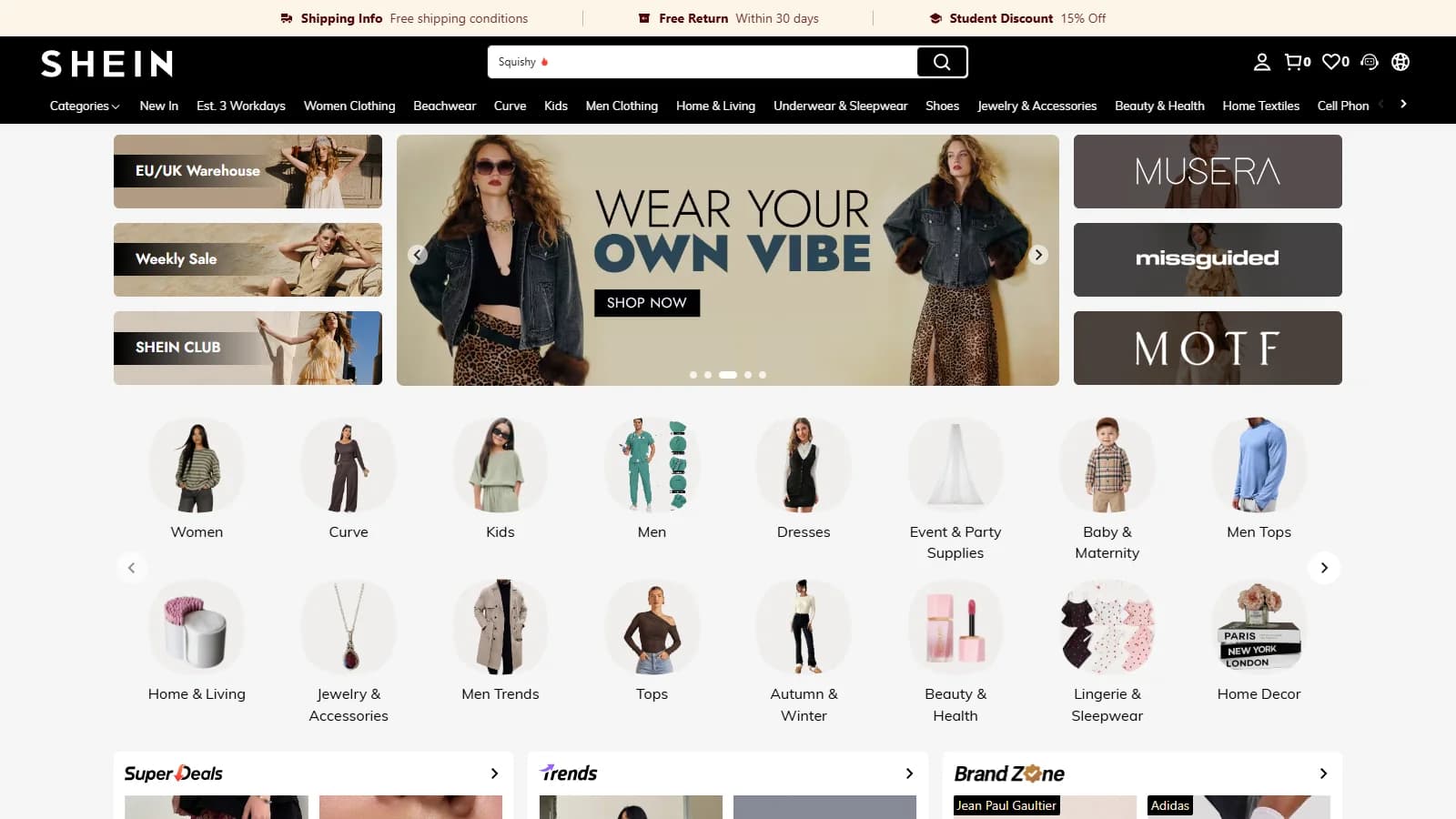Home page of the SHEIN UK site on October 12, 2026, with the day's campaign, the category menu and the search bar