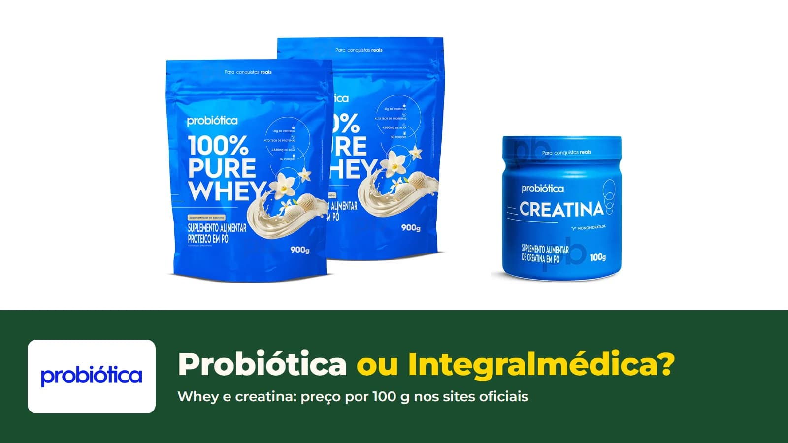 Whey e creatina da Probiótica, com o logo da loja e a pergunta Probiótica ou Integralmédica