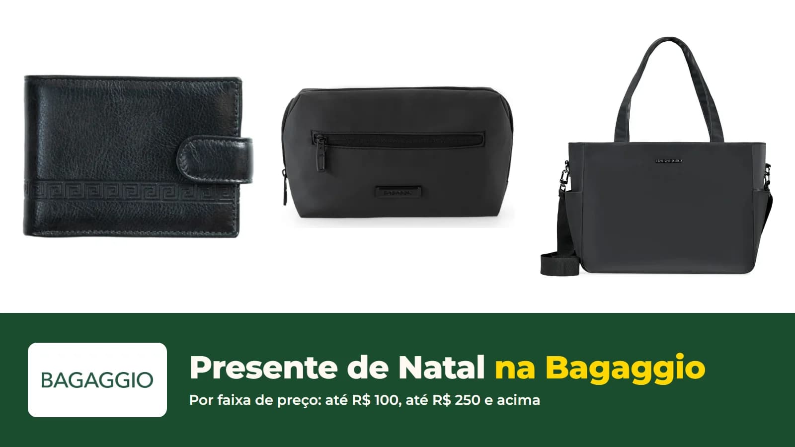 Carteira, nécessaire e mochila pretas da Bagaggio, em foto oficial da loja, com o logo da marca