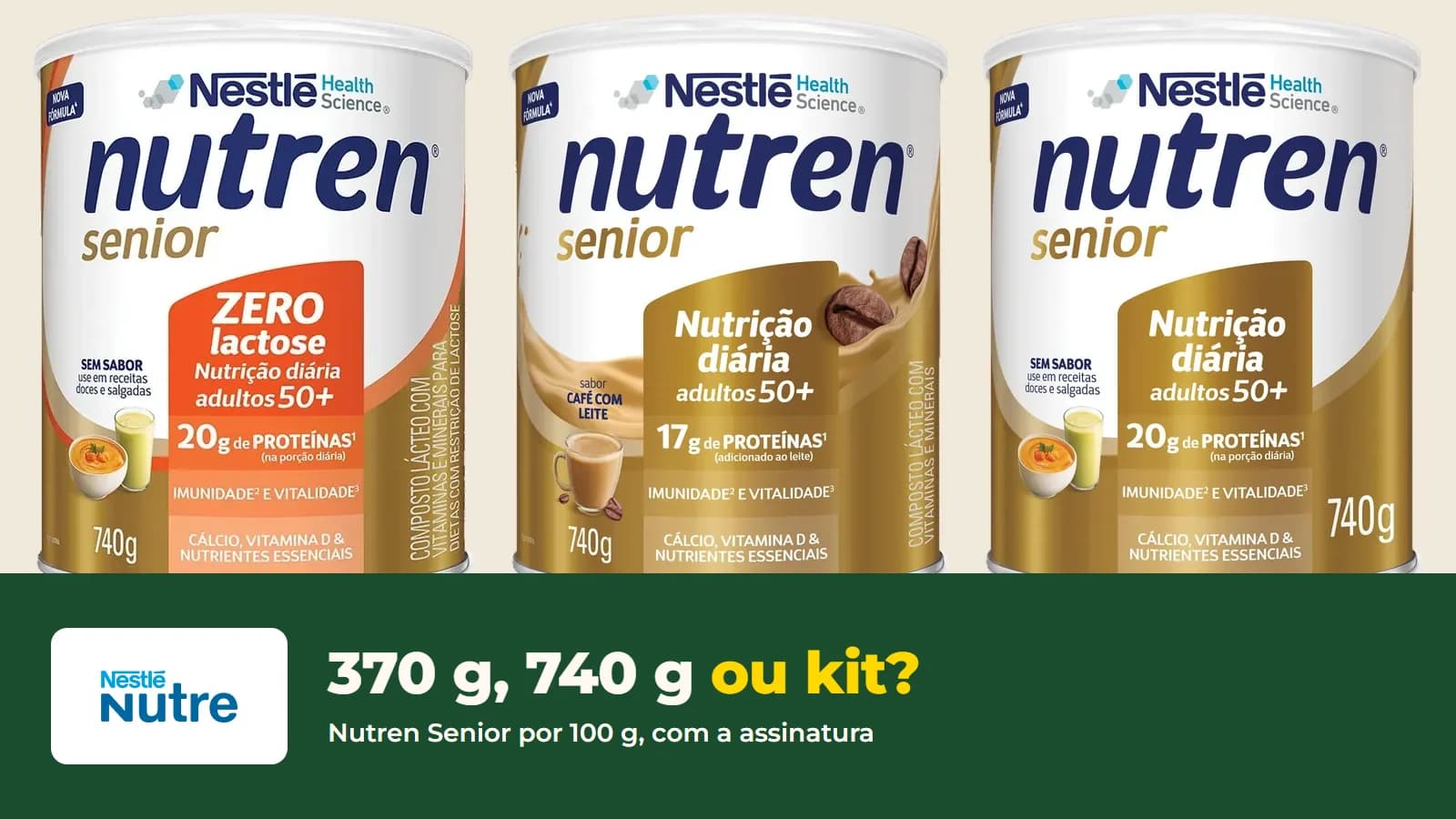 Latas de Nutren Senior Zero Lactose, Café com Leite e Sem Sabor de 740 g, com o título 370 g, 740 g ou kit