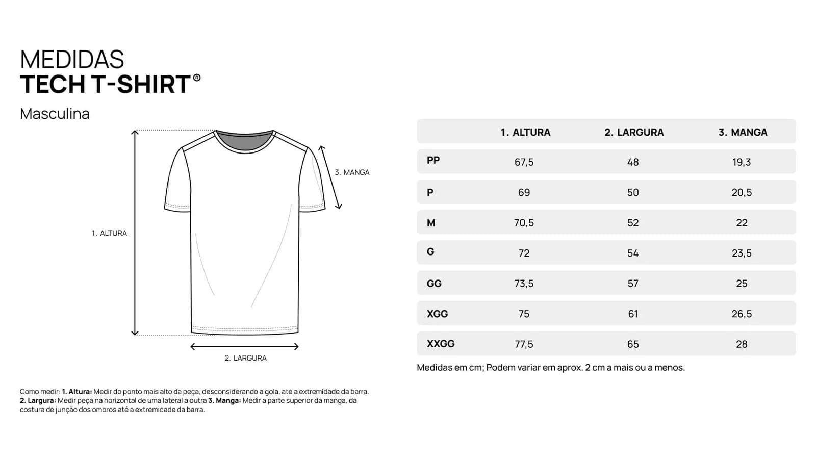 Tabela oficial de medidas da Tech T-Shirt masculina da Insider, com o desenho da camiseta e altura, largura e manga do PP ao XXGG