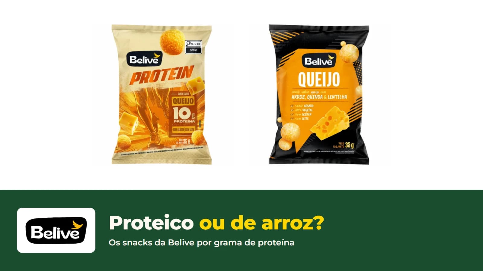 Pacotes do snack proteico de queijo e do snack de arroz de queijo da Belive, com o título Proteico ou de arroz