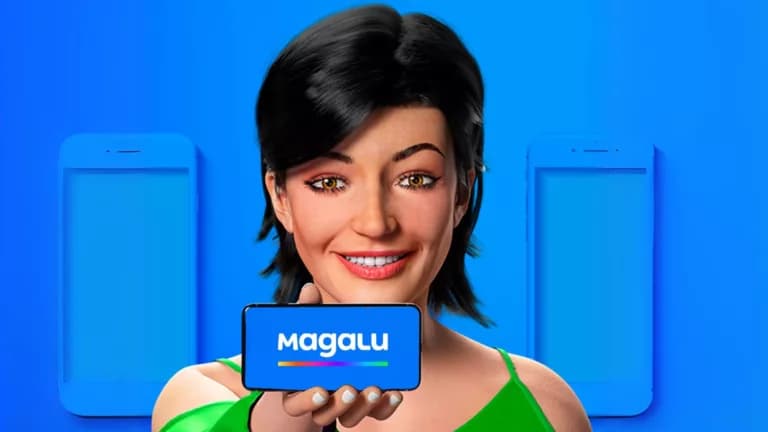 A Lu, personagem do Magalu, sorrindo e mostrando um celular com o logo do Magalu na tela, sobre um fundo azul com dois celulares desenhados