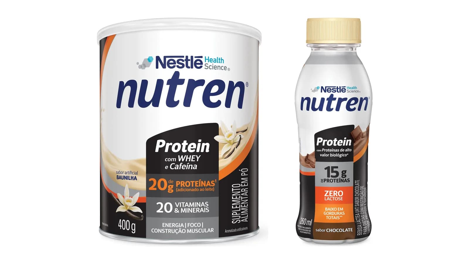 Lata de Nutren Protein Baunilha 400 g em pó ao lado da garrafa de Nutren Protein Chocolate 260 ml pronta para beber