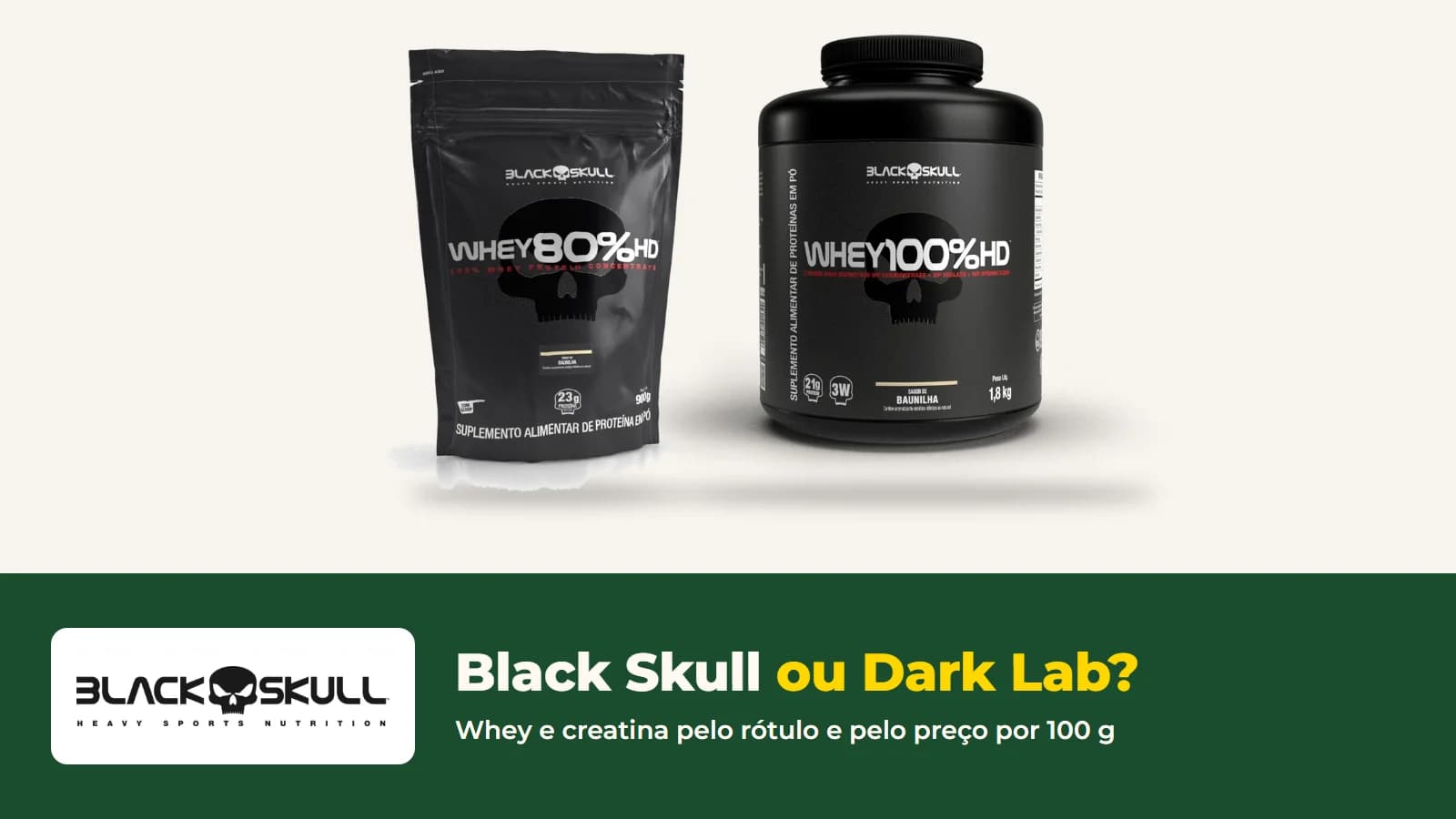 Embalagens dos wheys 80% HD e 100% HD da Black Skull, com a faixa Black Skull ou Dark Lab?