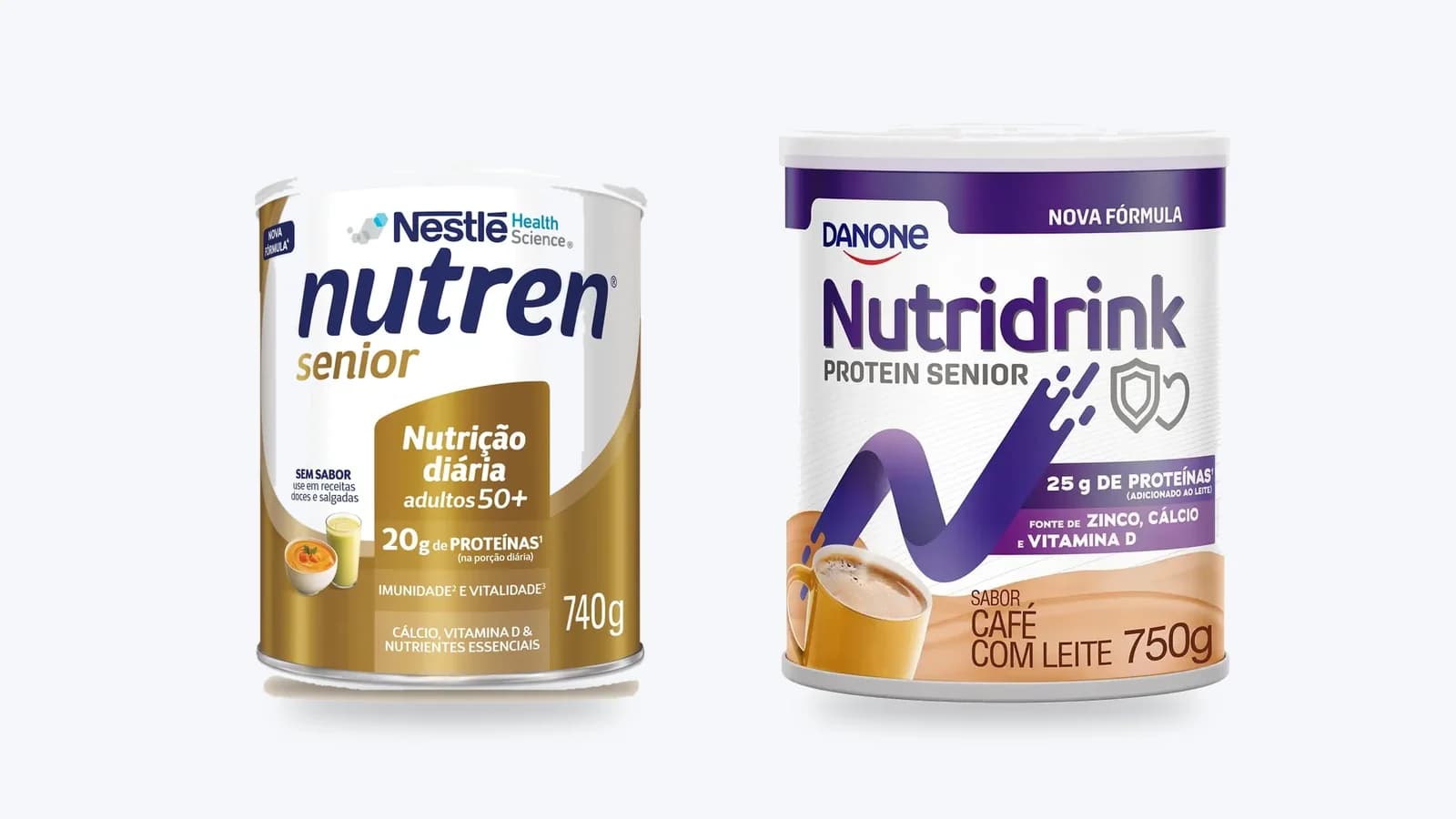 Lata de 740 g do Nutren Senior ao lado da lata de 750 g do Nutridrink Protein Senior Café com Leite