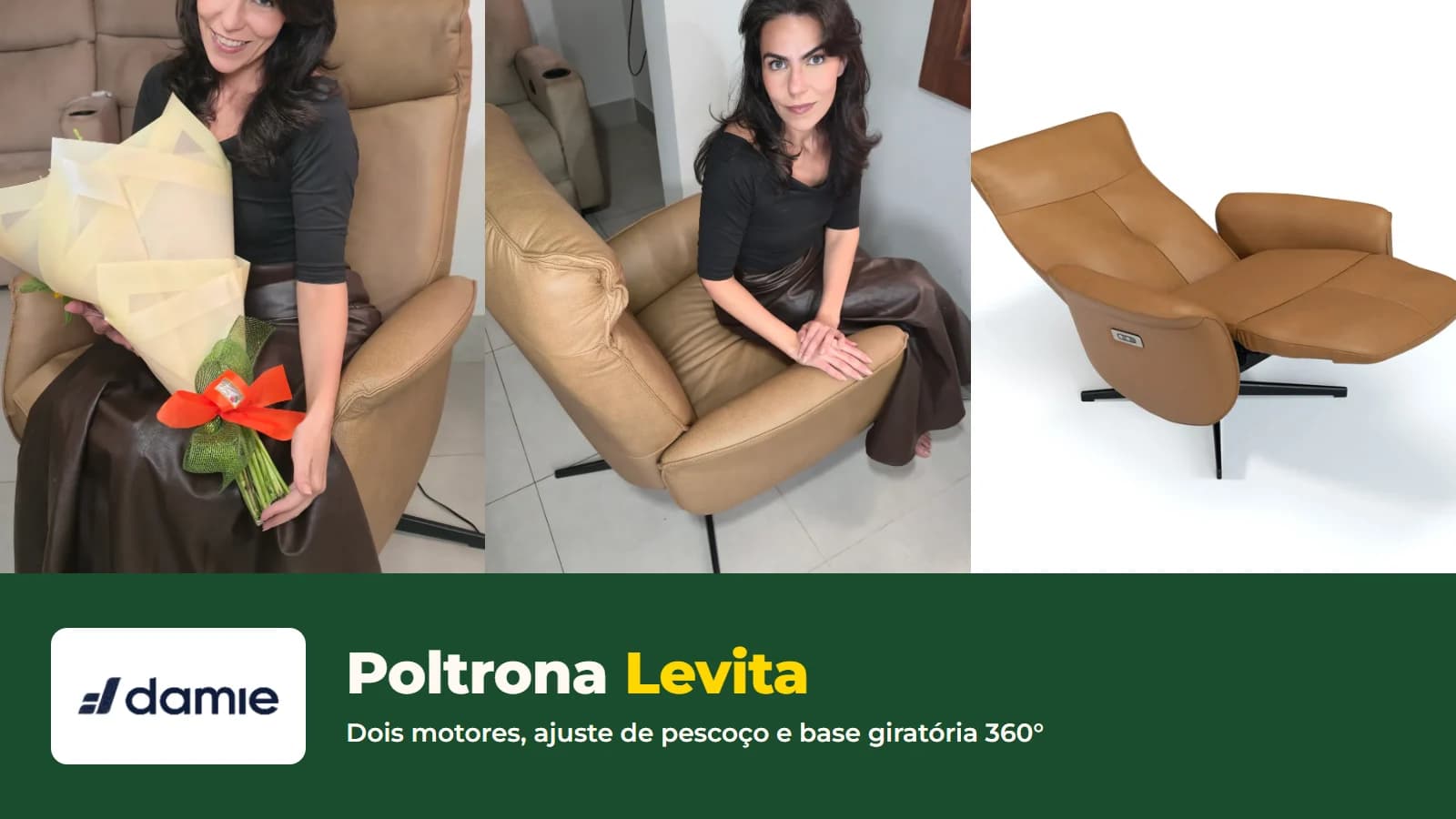 Cecília na Poltrona Levita segurando flores e sentada de lado, ao lado da foto oficial da Levita reclinada