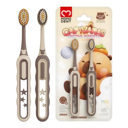 MOMO DENT Escova de Dentes Infantil Ultra Macia, Kit com 2 Unidades, Design de Capivara em Estilo Cartoon, 4000+ Cerdas de Alta Densidade, Cuidado Suave para as Gengivas, Indicada para Crianças de 3 a 8 Anos, Livre de BPA, Cabo Antiderrapante Seguro