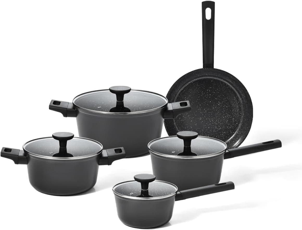 Oikos - Jogo com 5 Panelas Antiaderentes de Revestimento Cerâmico para Fogão por Indução, a Gás, Elétrico e Vitrocerâmico Cor Preta Mou Chia